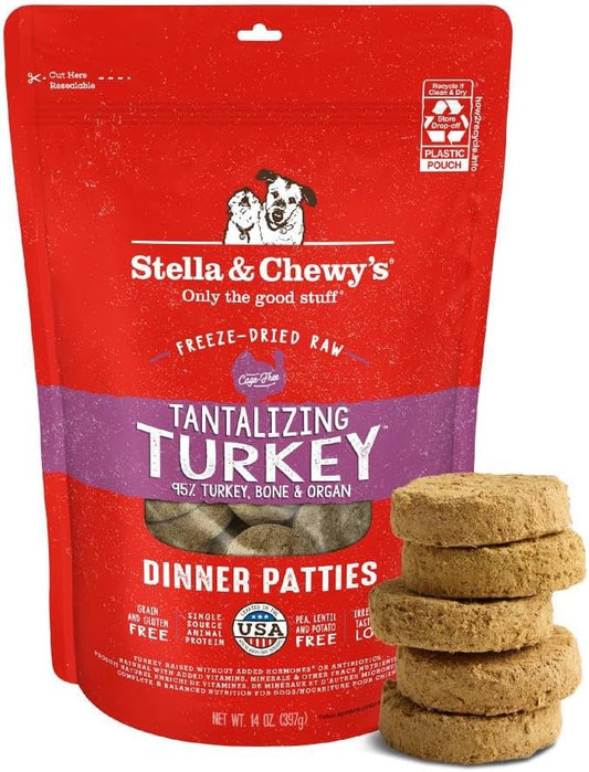 Stella & Chewy's Freeze-Dried Raw Dinner Patties - Turkey Recipe - High Protein Grain-Free Puppy & Dog Food - Perfect For Picky Eaters - 14 oz