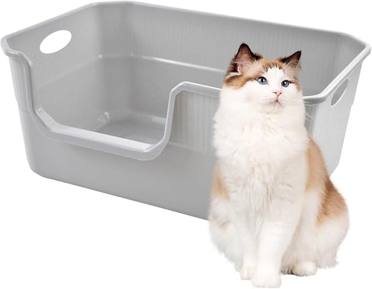 Large Open Cat Litter Box Low Entry,High Sided Cat Litter Pan Anti-Splashing Plastic Kitty Box Grey Kitten Pan with High Wall Easy Clean
