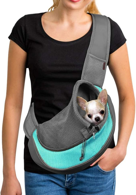 YUDODO Pet Sling Carrier for Small Dogs & Cats – Hands-Free Puppy Carrier with Safety Hook, Large Zipper Pocket, Soft Breathable Mesh, Adjustable Strap & Reflective Strip (Cyan 1.0 S)