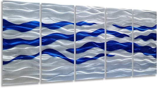 SYGALLERIER Abstract Coastal Metal Wall Art Handcrafted Big 3D Blue and Silver Artwork Modern Sea Waves Pictures Contemporary Sculpture for Living Room Bedroom Bathroom Decor