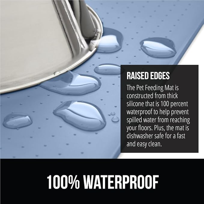 GORILLA GRIP 100% Waterproof Raised Edge BPA Free Silicone Pet Feeding Mat, Dog Cat Food Mats Contain Spills Protects Floors, Placemats for Cats and Dogs Water Bowl, Pets Accessories 16x10, Blue