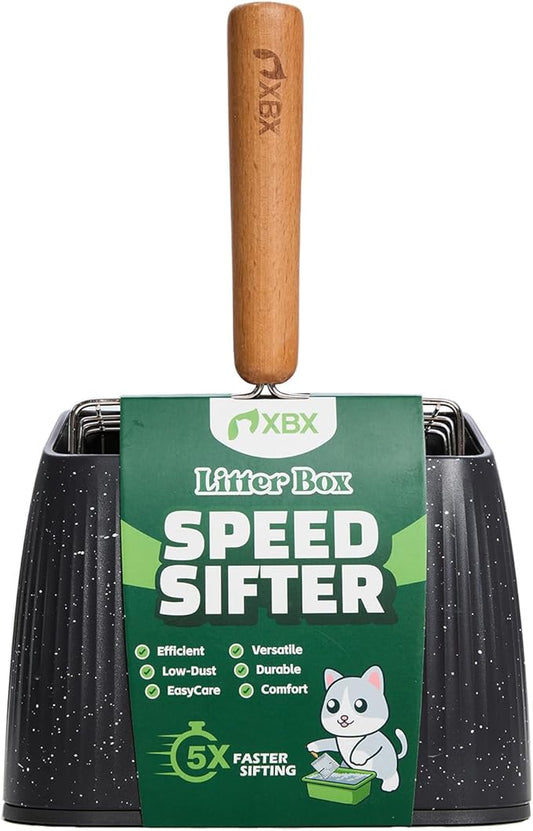 XBX Cat Litter Scoop with Holder, Heavy Duty Litter Sifter, Stainless Steel Litter Shovel, Litter Scooper with Beech Wood Grip and Washable Stand, Perfect for Cat Litter Box Cleaning