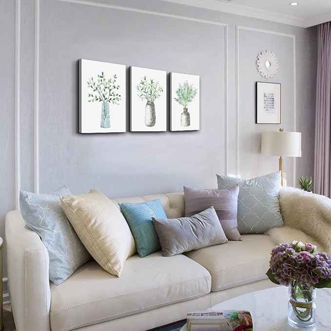 AHUASJART Canvas Wall Art - Paintings for Kitchen, Dining Room, Family Wall Decor - Green Leaf Vase, 3 Piece