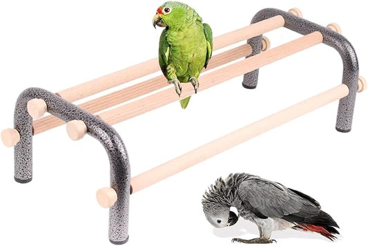 Large Bird Training Perch Long Stand for African Grey Macaw Big Birds, Rustproof Metal Durable Heavy Duty Metal Frame with 4 Wooden Bars for Bird to Play Climb and Exercise Toy