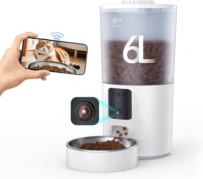 Automatic Cat Feeder with 1080P Camera, Two-Way Audio, APP Timed Auto Control Meals, 6L Dry Food Dispenser, 2.4G / 5G WiFi