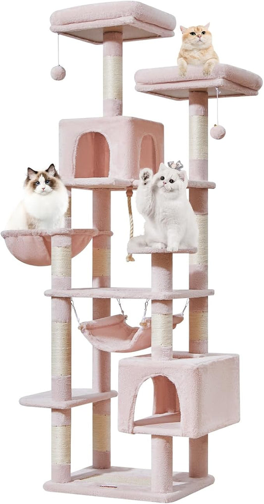 Taoqimiao Cat Tree, 71-Inch Cat Tree Cat Tower for Indoor Cats, Plush Multi-Level Cat Condo with 10 Scratching Posts, 2 Perches,Basket, 2 Caves,Hammock, 2 Pompoms,MS020P Jelly Pink