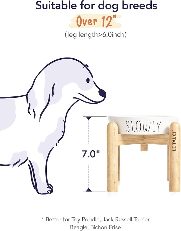 Ceramic Slow Feeder Dog Bowls Elevated for Small and Medium Breed with Wooden Stand, 1.5 Cups Dog Dishes to Slow Down Eating, Anti-Gulping Pet Feeding Dishes,White