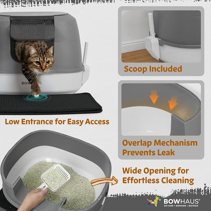 Detachable Cat Litter Box with Lid, 3-in-1 Cat Toilet of Cats, Large Space Anti-Leakage Gato Litter Box with Scoop, Mat & Odor Fitter, Beige/Pink