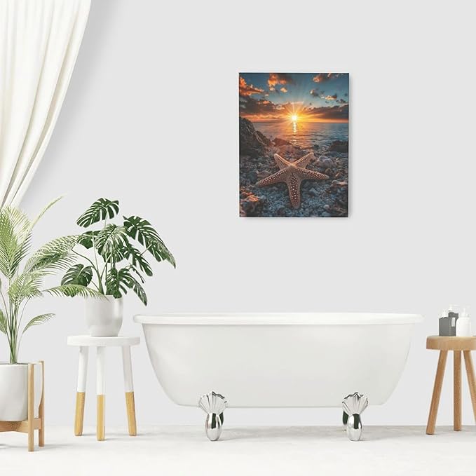 Beach Starfish Wall Decor Ocean Starfish Wall Art Sunset Scenery Coastal Theme Pictures Canvas Nature Seascape Painting Print Framed Artwork Decorations for Home Bathroom Living Room Bedroom Office 12"x16"