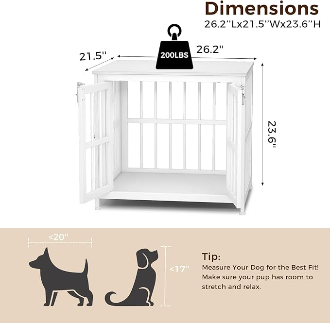 26 Inch Heavy Duty Wooden Dog Kennel End Table with Double Door Design and Secure Locks, Indoor Pet Crate Furniture for Small Dogs, Decorative Home Cage Design,White
