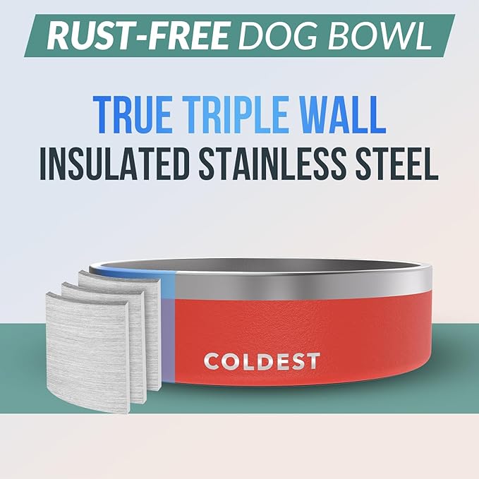 Coldest Dog Bowl - Anti Rust Metal, Non Slip, 3 Layers Insulated Stainless Steel Dog Bowls - Spill Proof & Heavy Duty - Water Bowl for Dogs, Cats & Pets, Dish Washer Safe (42 oz, Crimson Red)