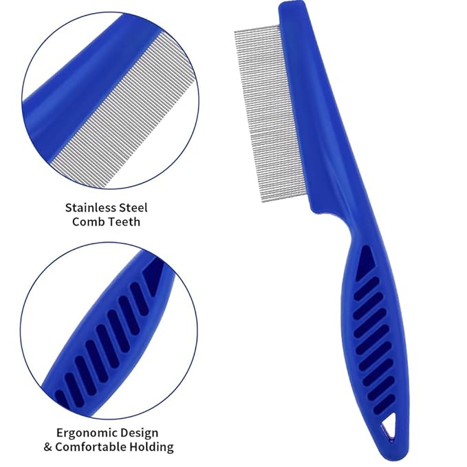 Pet Hair Comb, 2-in-1 Multifunctional Stainless Steel Pet Grooming Comb for Dog and Cat for Flea, Tear Stain Removal, and Dehairing Dogs and Cats' Face, Paws, and Body (Blue)