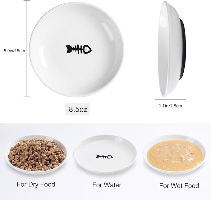 Cat Food Bowl,Healthy Ceramic Cat Bowls for Indoor Cats,Anti Whisker Fatigue Cats Dishes Set,Shallow Wide Kitten Plates for Food and Water,Non-Slip Silicone Bottom,3 Pack