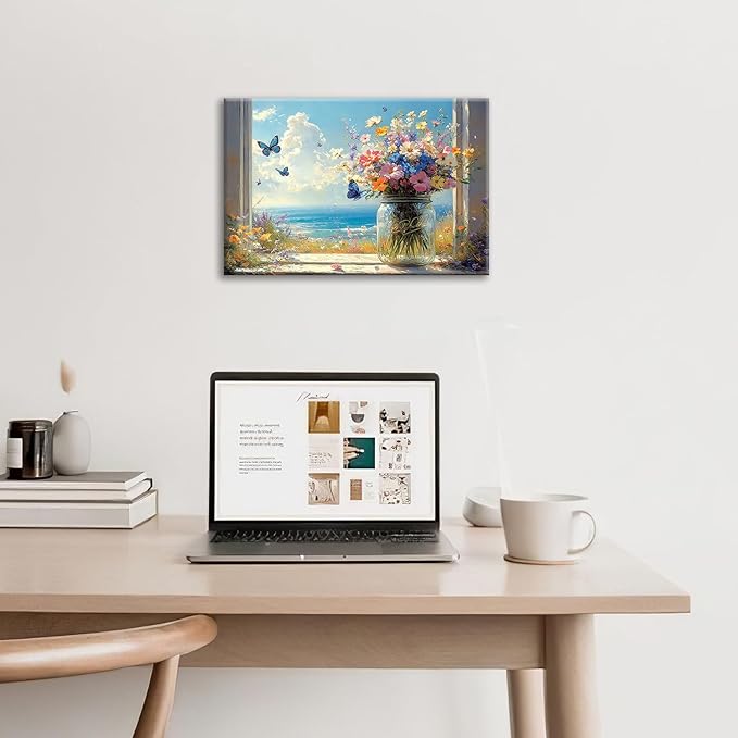 Beach Floral Bathroom Pictures Wall Art, Colorful Flower Bathroom Wall Decor, Coastal Ocean Framed Painting Canvas Artwork for Bedroom Living Room Decorations 24"L x 16"W