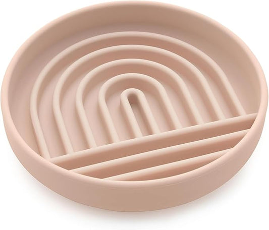 The Slowdown Bowl Silicone Slow Feeder for Cats & Dogs, Slow Eating Mealtime Solution with Modern Lick Mat Design, Reduces Gulping, Fits 1 Cup 6” Across x 1.25” Tall, Small-Tan