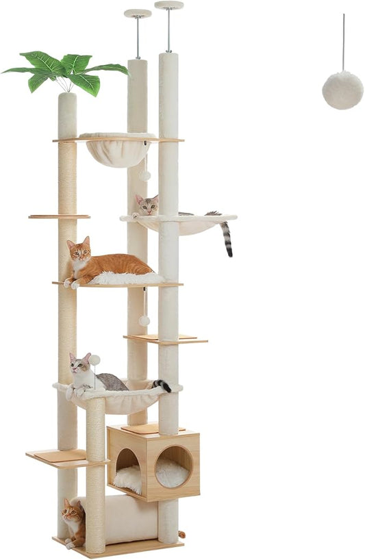 PEQULTI Floor to Ceiling Cat Tree 93.3’’-100.8’’ Height Adjustable Wooden Cat Tower Tall Climbing Play House with Scratching Posts, Cozy Condo, Perches and Large Hammock for Indoor Cats Beige