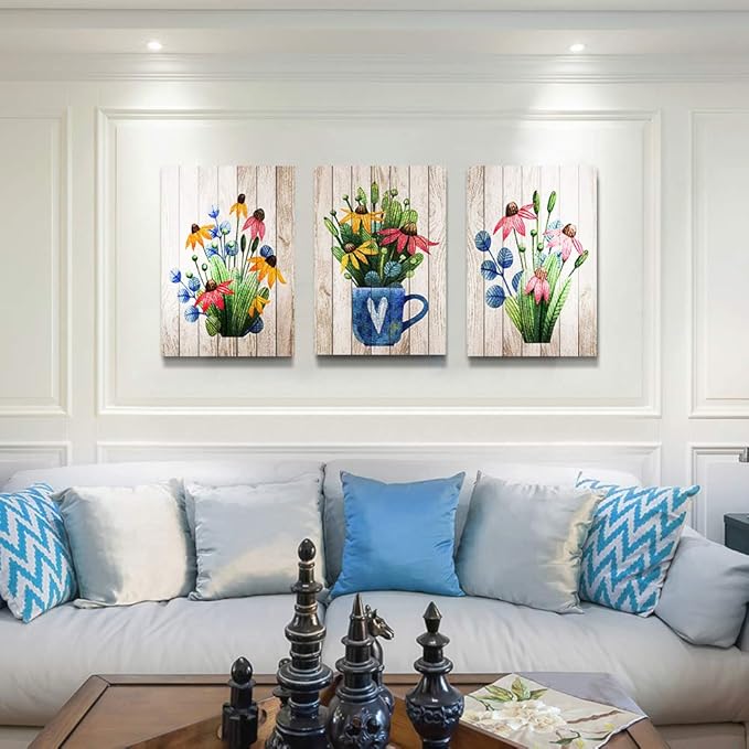 Canvas Wall Art For Kitchen Wall Decoration For Living Room Wall Decor For Bedroom Room Decor Vintage Wood Grain Plant Flowers Wall Painting Office Wall Pictures Artwork Home Decor 16" X 24" 3 Piece