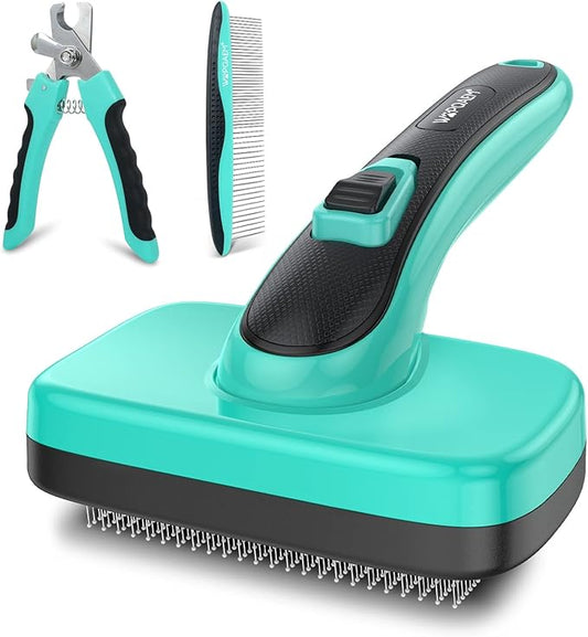 Dog Brush Kit for Grooming Short Long Haired Cats, 3 in 1 Dog Grooming Set for Small Animals, Puppy Self-Cleaning Slicker Brush for Shedding Medium & Large Dogs. Free Pet Comb + Nail Clippers