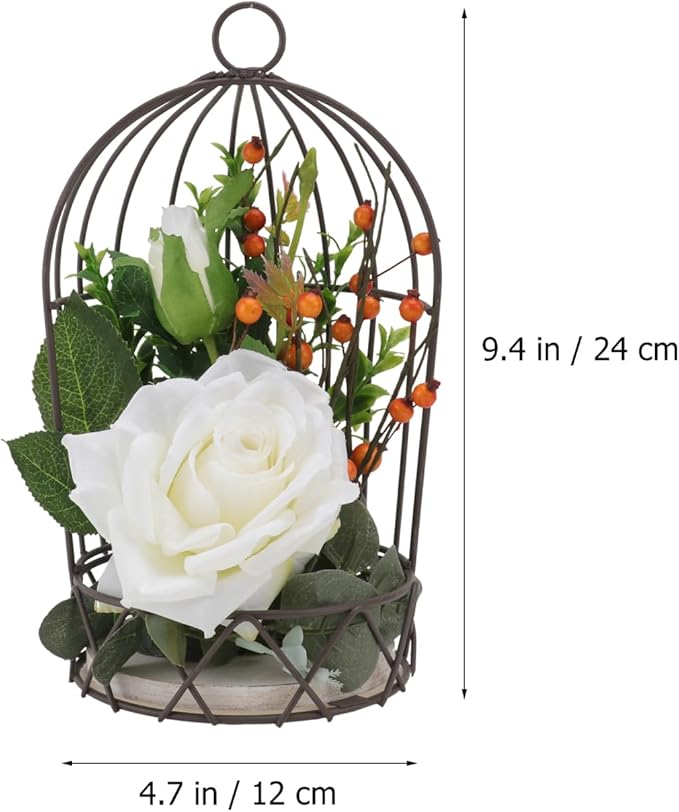 BESTOYARD Hanging Bird Cage Decor with White Simulation Rose Flowers for Home Wedding Table and Garden Ornament