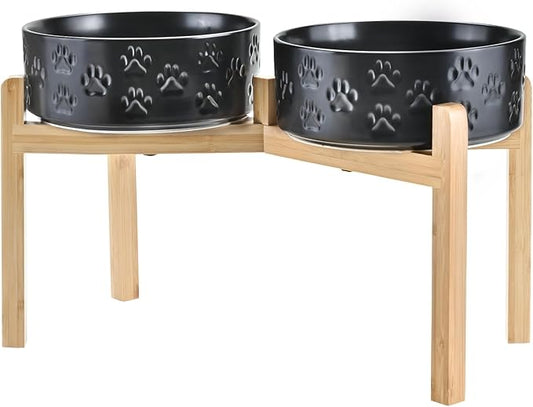 SPUNKYJUNKY Elevated Dog Bowls Ceramic, 8.3'' Dogs Food Water Bowls Raised with Non-Slip Bamboo Stand for Large Sized Breed Microwave Dishwasher Safe - 60 OZ,Paw Black