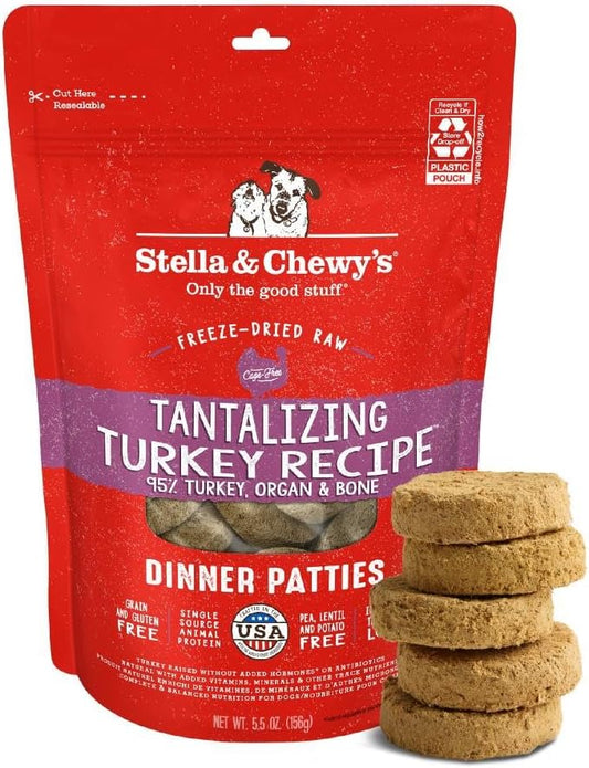 Stella & Chewy's Freeze-Dried Raw Dinner Patties - Turkey Recipe - High Protein Grain-Free Puppy & Dog Food - Perfect For Picky Eaters - 5.5 oz