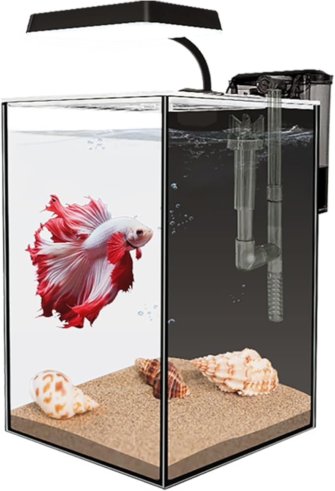 Glass Betta Aquarium Starter Kits 1.5 Gallon Small Fish Tank, Betta Fish Tank with LED Light, Power Filter, Black. 4mm Glass