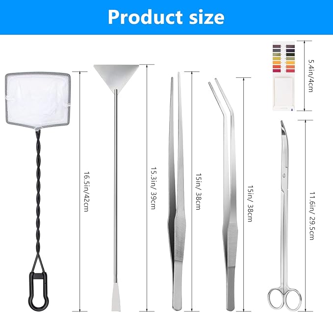 7 in 1 Aquarium Aquascape Tool Kit 15 inch, Aquatic Plant Extra Long Aquascaping Tool for Aquarium Fish Tanks Clean Accessories Set with Silver Tweezer Scissor Spatula, Fish Net, PH Paper, Bag