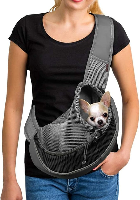 YUDODO Pet Sling Carrier for Small Dogs & Cats – Hands-Free Puppy Carrier with Safety Hook, Large Zipper Pocket, Soft Breathable Mesh, Adjustable Strap & Reflective Strip (Black 1.0 S)