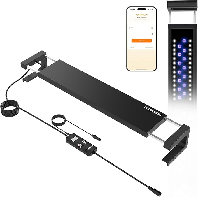 GLOWRIUM Saltwater Aquarium Light, Smart Reef Coral Fish Tank Light with Bluetooth + WiFi Dual Control App, DIY Spectrum, Brightness Adjustable, Anti-Drop, Real Time Water Temperature Sensor(48-60 in)