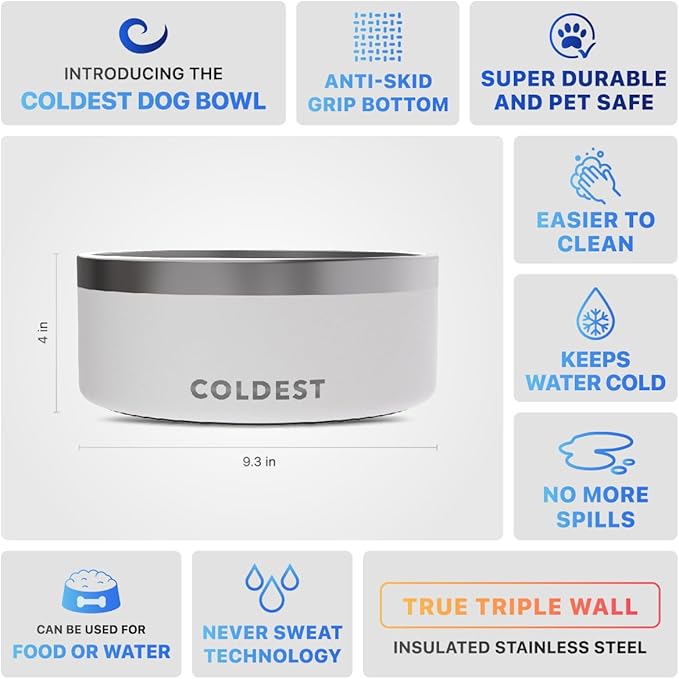 Coldest Dog Bowl - Anti Rust Metal, Non Slip, 3 Layers Insulated Stainless Steel Dog Bowls - Spill Proof & Heavy Duty - Water Bowl for Dogs, Cats & Pets, Dish Washer Safe (100 oz, Epic White)