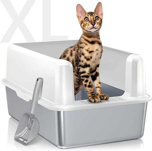 Stainless Steel Cat Litter Box with Lid, XL Metal Litter Box for Big Cats, Extra Large Litter Box with High Sides, Never Absorbs Odors, Non-Sticky, Easy Clean, Anti-Urine Leakage, with Scoop