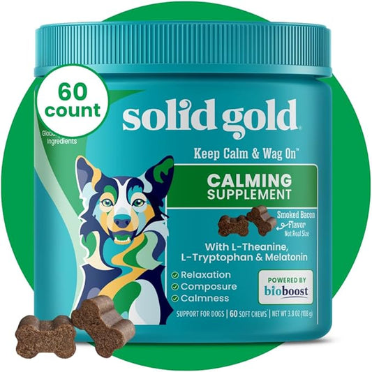 Solid Gold Calming Chews for Dogs - Dog Calming Chews W/Melatonin for Separation, Stress & Hyperactivity Relief - Supports Relaxation for Travel, Fireworks & Storms - All Ages & Sizes - Bacon - 60ct