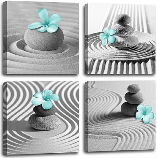 Yxbhhym Gray Wall Art Zen Wall Art Teal Floral Paintings Black and White Decor Zen Stone Sand Pebble Canvas Flower Artwork for Wall Home Decoration Bathroom Wall Decor 12''x12''x4pcs