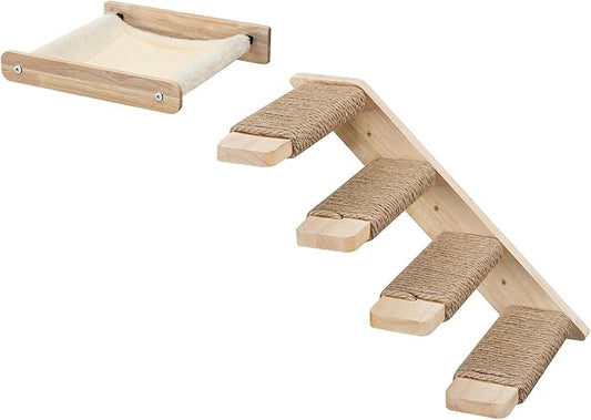 HOOBRO Cat Wall Shelf Set of 2, Wall Mounted 4-Level Cat Steps with Jute Scratching Steps, Hammock Wall Mounted, Holds up to 40 lb, Cat Wall Furniture, for Playing, Natural NL41CS03