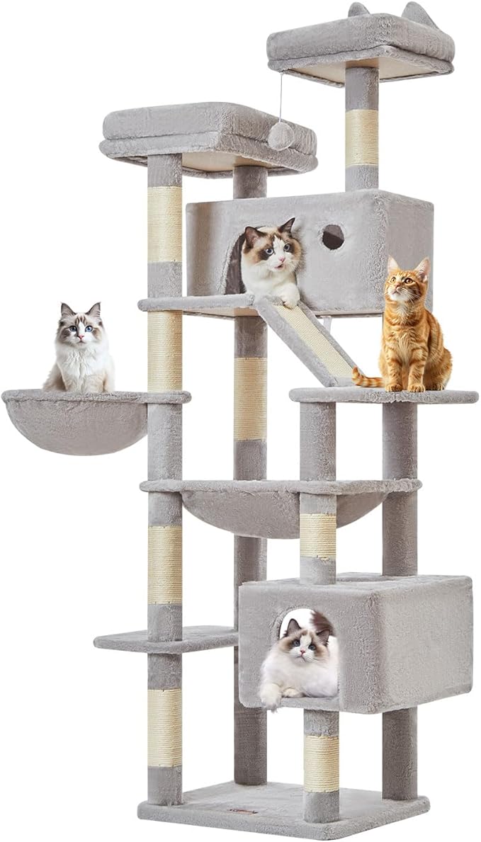 Taoqimiao Cat Tree 71-Inch, Cat Tower for Indoor Cats Large Adult, Multi-Level Large Cat Condo, 8 Sisal Scratching Posts, Metal Frame Cozy Hammock, Scratch Board, 2 Top Perches, Light Gray MS026LW