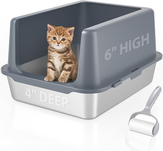 Litter Box with Lid, Stainless Steel Litter Box, 10" Metal Litter Tray High Sides, Small Litter Pan for Kittens, Enclosed Cat Litter Pan, Non-Sticky Covered Grey, Easy Clean