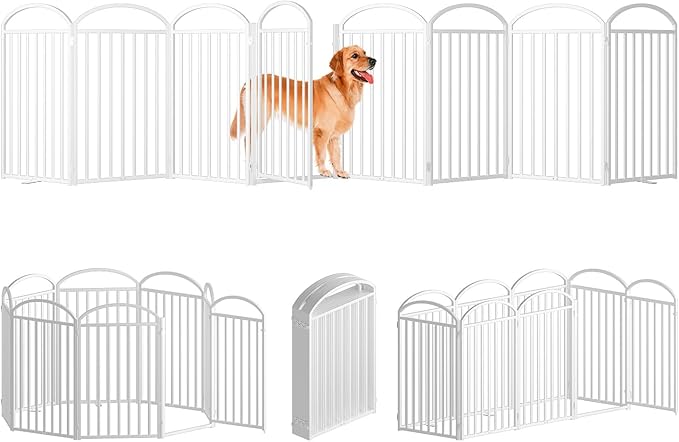 8 Panles Full Matel Freestanding Dog Gates with Door, 192"Extra Wide 36"Tall Free Standing Dog Pet Gate for Indoor & Outdoor. Foldable Pet Fences for Doorways, House, Stairs, Porch, Deck, Yard
