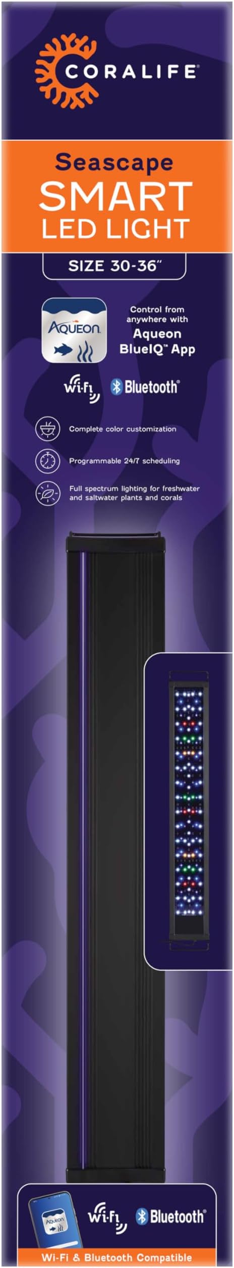 Coralife Fish Tank Aquarium Seascape WiFi/Bluetooth Smart LED Light Fixture, 30-36"