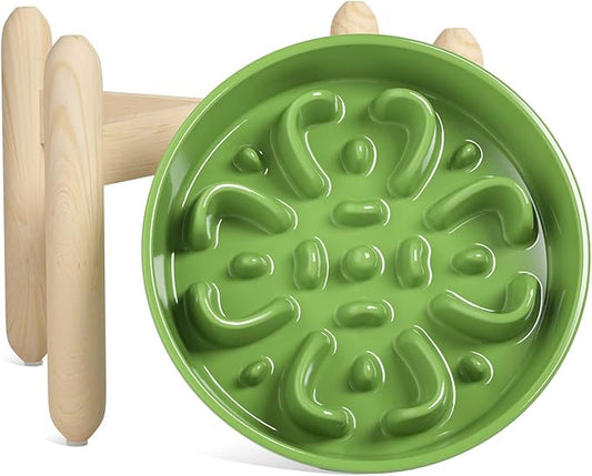 LE TAUCI Ceramic Slow Feeder Dog Bowls Elevated, 3 Cup Raised Bowl with Wooden Stand for Medium Large Breed, Slow Down Eating, Puzzle Dog Food Bowl, Clover Green