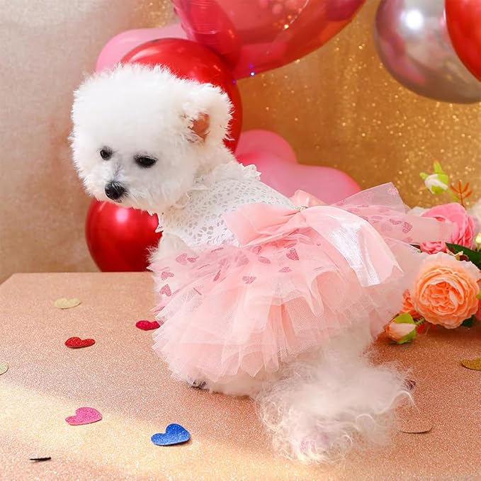 Pink Dog Dress for Small Dog Girl Spring Puppy Clothes with Bow Puff Sleeves Cat Outfit Doggy Princess with Leash Ring Doggies Harness Dress Summer Pet Apparel (Pink White, X-Small)