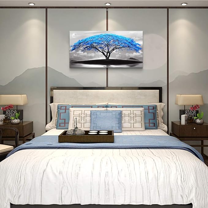 canvas wall art for living room bathroom Wall Decor Black and white landscape Blue tree moon painting to Hang Home Decorations for office bedroom kitchen Works canvas Prints pictures 20" x 40"inch