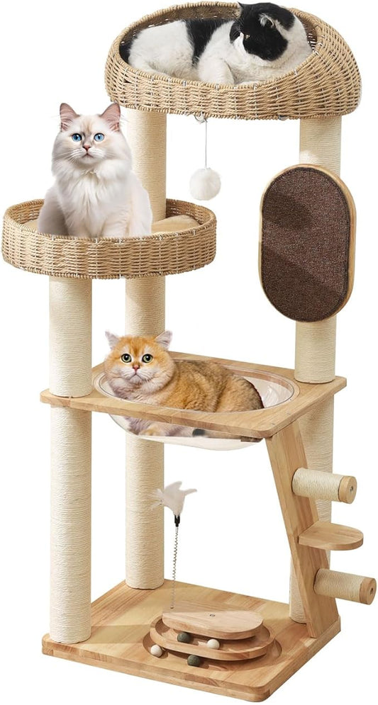 Solid Wood Cat Tree, 50 Inch Modern Cat Tower with Space Capsule, Hand-Woven Basket Nest, Sisal Posts & Scratching Board, Heavy-Duty Multi-Level Indoor Tower