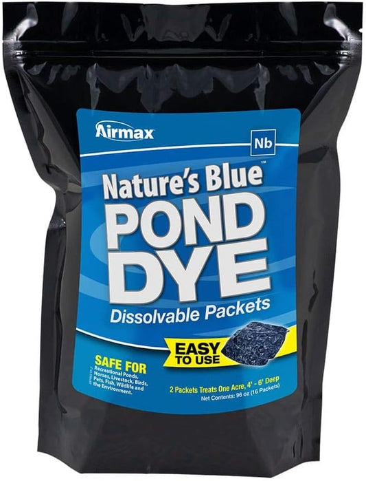 Airmax Pond Dye Packets Nature's Blue Colorant for Large Pond & Lake, Beneficial UV Blocking Color Concentrate, Maintain Clean & Clear Water, Fish & Animal Safe, 16 Soluble Packets