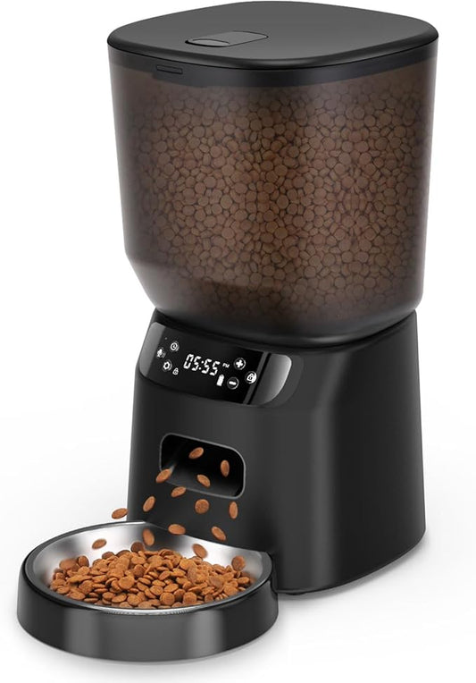 Automatic Cat Feeder, Cat Food Dispenser with Stainless Steel Bowl, Timed Portion Control 20 Portions 6 Meals Per Day, Voice Recorder, Dual Power Supply for Small Dogs (Black)