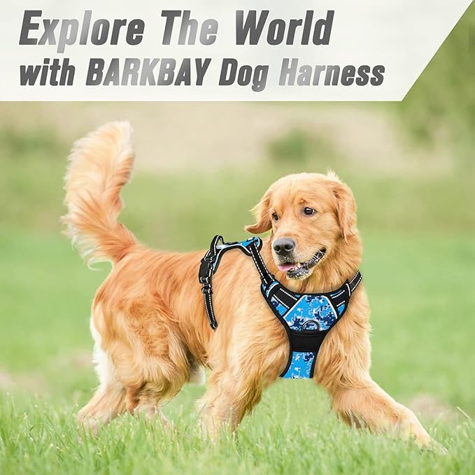 BARKBAY No Pull Dog Harness Front Clip Heavy Duty Reflective Easy Control Handle for Large Dog Walking(Blue camo,M)