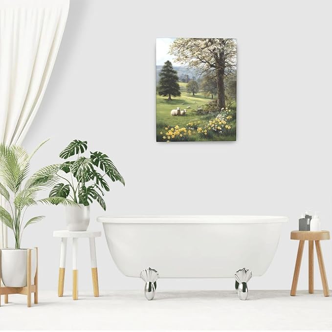 Country Sheep Canvas Wall Decor Farmhouse Rustic Lamb Wildflower Wall Art Nature Countryside Landscape Pictures Painting Print Framed Artwork Decorations for Bathroom Living Room Bedroom 16"x20"