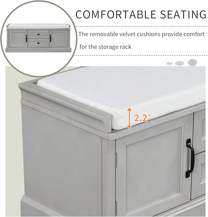 Shoe Storage Bench with 2 Drawers and 2 Cabinets, Pine Wood Shoe Bench with Removable Cushion for Living Room, Entryway 42.5" L x 15.9" W x 17.5" H (Gray Wash)