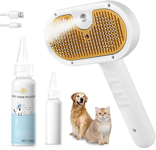 Pet Steam Brush for Dog & Cat – 3-in-1 Spray Hair Removal Comb – Steam for Shedding & Grooming – Water Brush for Long & Short Haired Pets – Spritz Defur Comb – Includes Waterless Shampoo