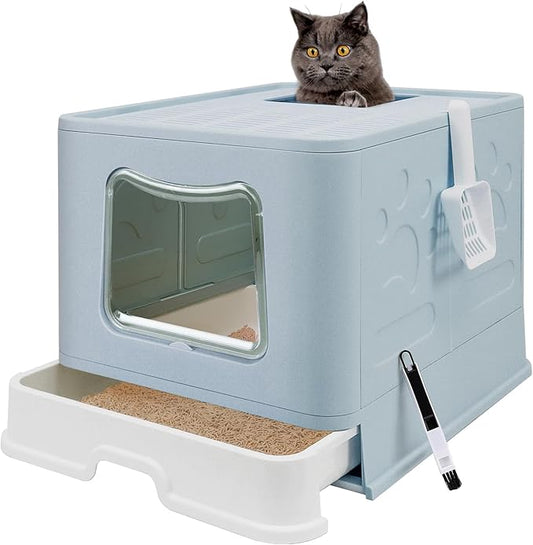 XL Foldable Cat Litter Box with Lid - Jumbo Enclosed Potty - Top Entry Anti-Splashing Toilet - Includes Scoop & 2-in-1 Cleaning Brush (Blue