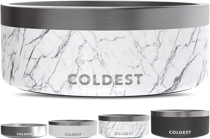 Coldest Dog Bowl - Anti Rust Metal, Non Slip, 3 Layers Insulated Stainless Steel Dog Bowls - Spill Proof & Heavy Duty - Water Bowl for Dogs, Cats & Pets, Dish Washer Safe (64 oz, Carrara Marble)